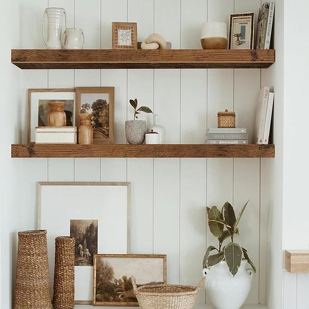 QEEIG Floating Shelves for Wall 31.5" Long - Wall Mounted Shelf Bathroom Kitchen Living Room Bedroom Farmhouse Home Decor Display Bookshelf Large 31.5 x 9.3 inch Set of 2, Rustic Brown (008-80BN)