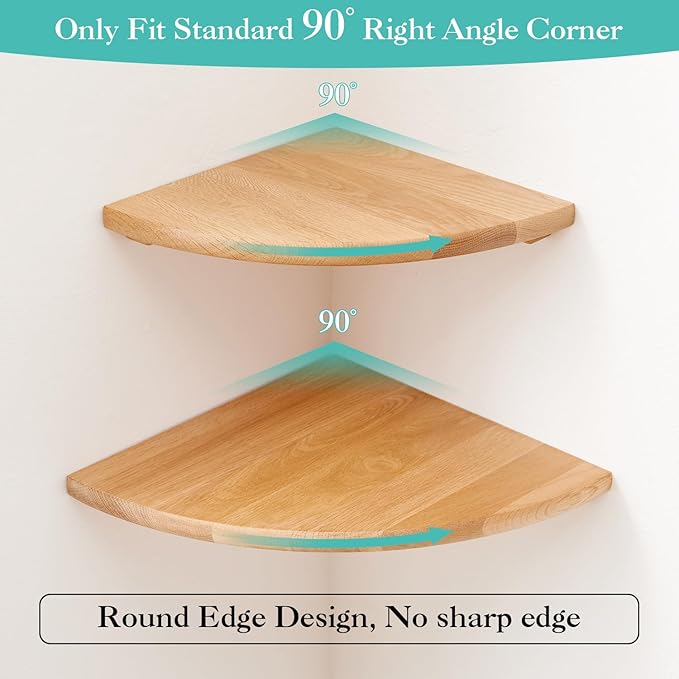 Oak Corner Shelf 10 inches Natural Wood Floating Corner Shelves Round End Wall Mounted Display Shelf Corner Plant Stand for Bathroom Kitchen Bedroom Livingroom Floating Shelves