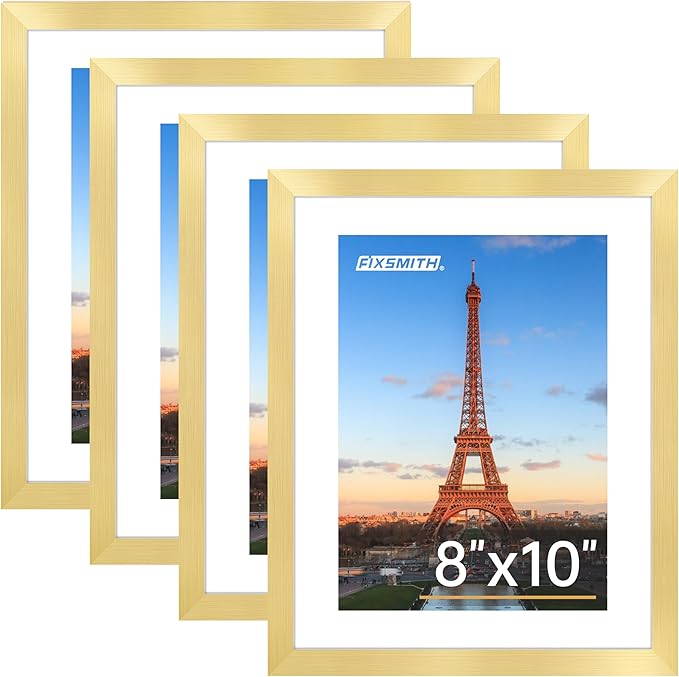 FIXSMITH 8x10 Picture Frame Bulk-4 Pack, Gold Picture Frames Collage Wall Decor, Wall & Tabletop Picture Frames, Photo Frame with HD Plexiglass, Display Pictures 5x7 with Mat or 8x10 Without Mat