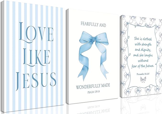 Blue Bow Jesus Wall Art Decor, Light Blue Coquette Dorm Room Wall Decor Paintings, Inspirational Bible Verses Canvas Posters Prints Pictures for Girls Dorm Room, Bedroom, Bathroom 12x16 Inch Framed