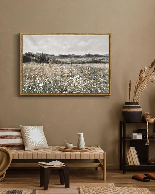 SHENIFY 24x36in Large Vintage Landscape Framed Canvas Wall Art Prairie in Full Bloom Classic Painting Modern Farmhouse Bathroom Office Decor - Natural Framed