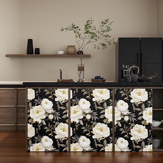 Dark Floral Wallpaper Peel and Stick Boho Wallpaper 17.5in x393in White Floral Contact Paper Self Adhesive Waterproof Vintage Flowers Wall Paper for Bedroom Walls Countertop(White,Golden)