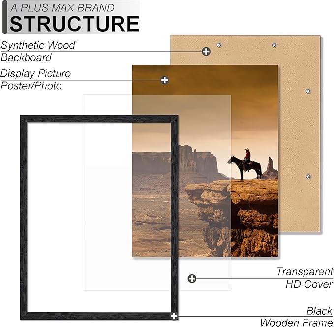 A PLUS MAX 24x32 Picture Frame, Black Engineered Wood Frame for 24 x 32 Inch Picture Poster Photo, Light Weight 24 by 32 Frame with Wood-grain for Wall - 1 Pack/Black/24 x32