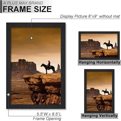 A PLUS MAX 6x9 Picture Frame Set of 2, Black Engineered Wood Frame for 6 x 9 Inch Picture Poster Photo, Light Weight 6 by 9 Frame with Wood-grain for Wall - 2 Pack/Black/6"x9"