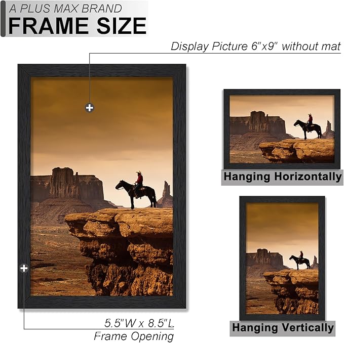 A PLUS MAX 6x9 Picture Frame Set of 2, Black Engineered Wood Frame for 6 x 9 Inch Picture Poster Photo, Light Weight 6 by 9 Frame with Wood-grain for Wall - 2 Pack/Black/6