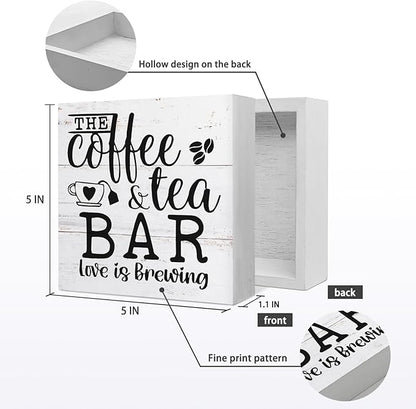 The Coffee and Tea Bar Love is Brewing Wood Box Sign Desk Decor,Rustic Wooden Block Sign Decorations for Home Kitchen Office Coffee and Tea Bar Wall Tabletop Shelf Decor