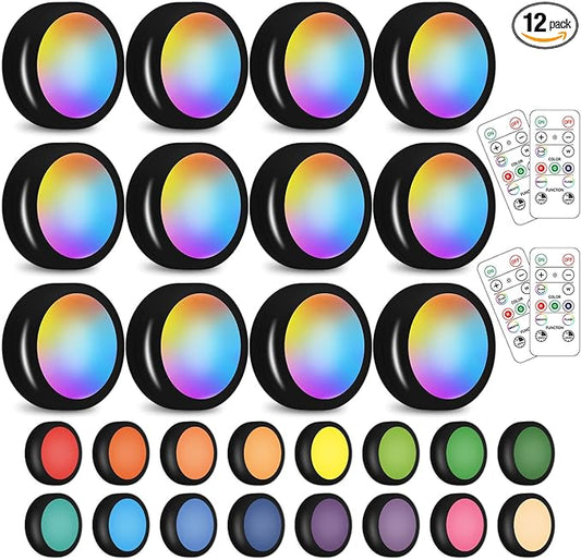 Wireless 16 Color Changing LED Puck Light 12 Pack LED Under Cabinet Lighting Closet Light Battery Powered Night Lights with Remote Control Dimmer & Timing Function
