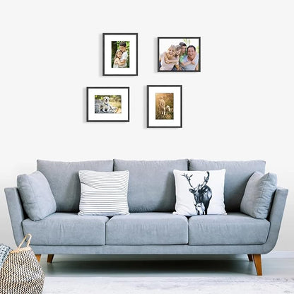 8x10 Picture Frame, Black Wood Photo Frame 5x7 with Mat or 8x10 without Mat with Perspex Glass for Vertical or Horizontal Tabletop Wall Display for Photos, Birthday Christmas Gift, Set of 4