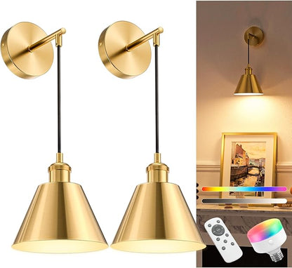 NIORSUN Brushed Gold Battery Operated Wall Sconce Set of 2, 5200mAh Dimmable Detachable Bulbs and Remote Wireless Rechargeable Wall Lights, 9 Colors Sconces Wall Decor for Bedroom Living Room Hallway