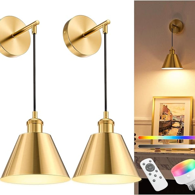 NIORSUN Brushed Gold Battery Operated Wall Sconce Set of 2, 5200mAh Dimmable Detachable Bulbs and Remote Wireless Rechargeable Wall Lights, 9 Colors Sconces Wall Decor for Bedroom Living Room Hallway