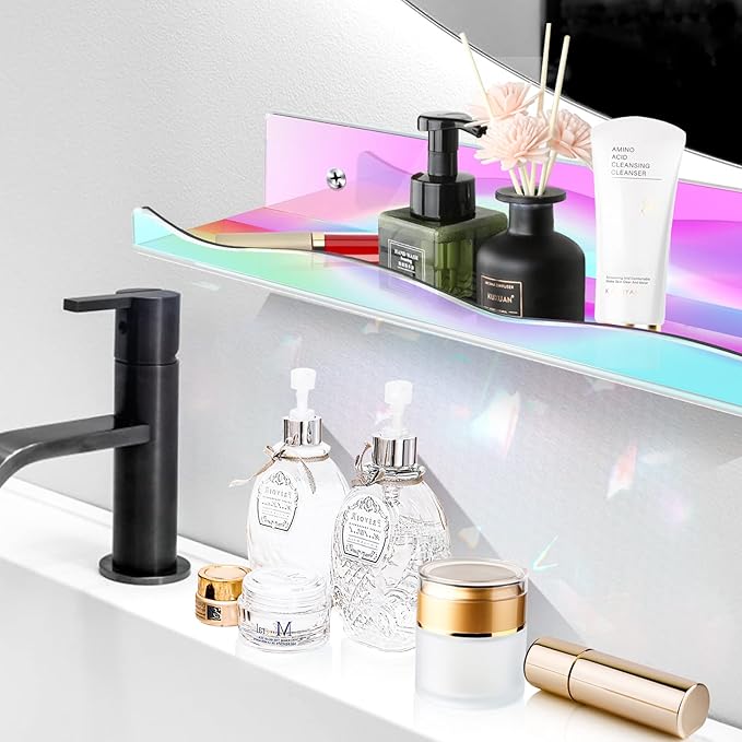 6 Packs Iridescent Clear Acrylic Floating Shelves, DILIBRA 15.7 Inch Large Set up for Funko Pop Display Case Picture Ledge Shelf, Acrylic Floating Wall Bookshelf Organizer for Kids Room Bathroom