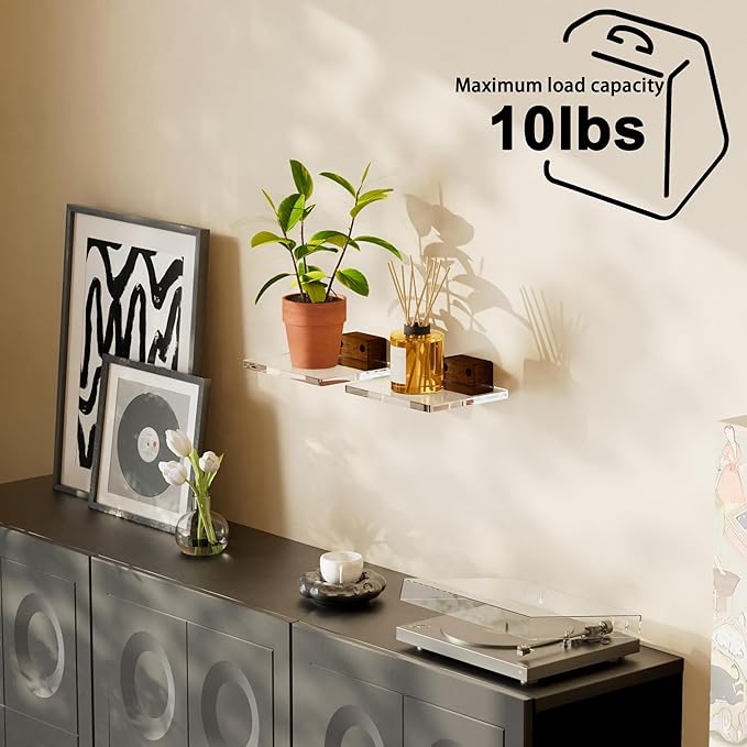 Acrylic Floating Shelves with Solid Wood Base, Wall Mounted Shelf for Plants, Perfume, Nail Polish, Bathroom, Bedroom & Living Room Decor