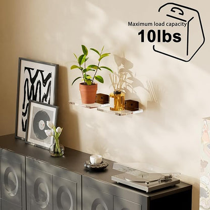 Acrylic Floating Shelves with Solid Wood Base, Wall Mounted Shelf for Plants, Perfume, Nail Polish, Bathroom, Bedroom & Living Room Decor