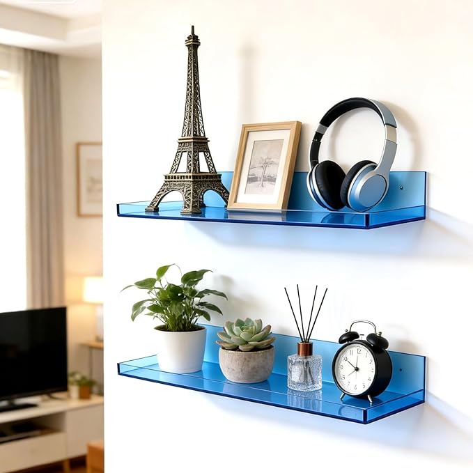Floating Shelves for Wall Acrylic Wall Shelves for Bedroom Bathroom Living Room Kitchen 16.5X5.5'', Pack of 2, Blue