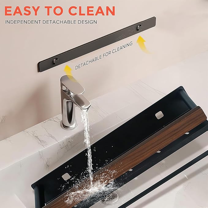 Bathroom Shelf 40 Inch, Wall Mounted Organizer with Towel Rail & Self-Draining - Space Saver with Removable Clips for Kitchen, Living Room, Solid Walnut Finish