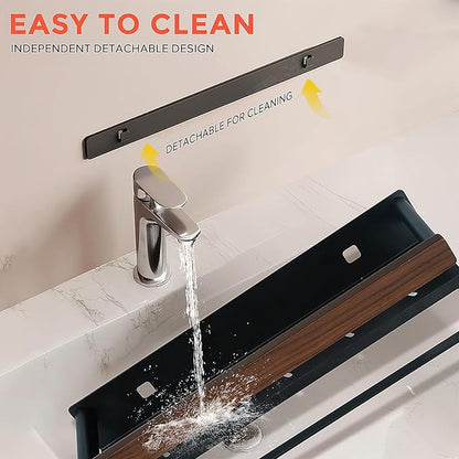 Bathroom Shelf 40 Inch, Wall Mounted Organizer with Towel Rail & Self-Draining - Space Saver with Removable Clips for Kitchen, Living Room, Solid Walnut Finish
