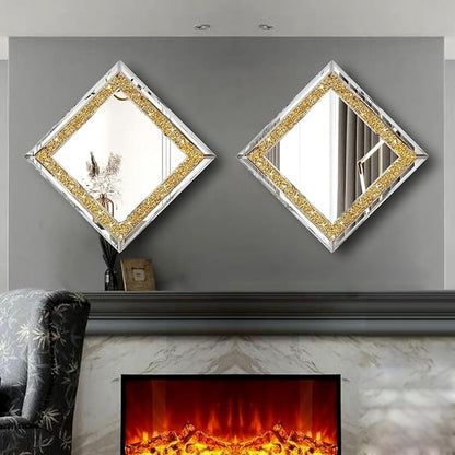 2 Piece Wall Mirrors, Crush Diamond Wall Decor, Gold Color Decorative Mirrors for Living Room, Bedroom, Bathroom. (12'x12')