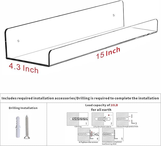 2 Pcak Clear Acrylic Shelves for Bedroom,Room,15 Inch Bathroom Wall Shelf & Organizer,Invisible Floating Shelves & Wall Storage for Collectibles Perfume Shelf,Record,Funko Pop,Lego Display,Bookshelf