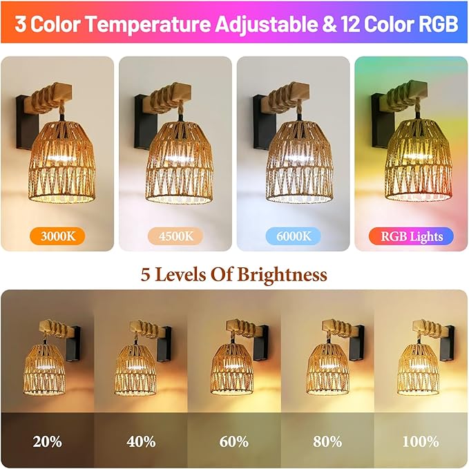 Battery Operated Wall Sconce Set of Two, Rattan Wall Sconces Battery Operated Set of 2, Boho Wall lights with Remote, Rechargeable Wall Sconce for Bedroom,Living Room, Entryway 15 Colors Dimmable