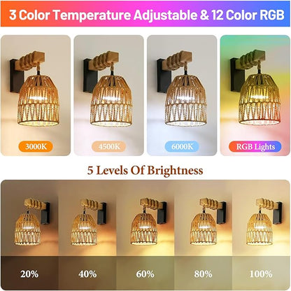 Battery Operated Wall Sconce Set of Two, Rattan Wall Sconces Battery Operated Set of 2, Boho Wall lights with Remote, Rechargeable Wall Sconce for Bedroom,Living Room, Entryway 15 Colors Dimmable