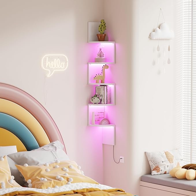 Corner Shelf Wall Mount with LED Light, 5 Tier Floating Corner Shelves, Plant Shelf for Bedroom, Floating Shelves for Wall, Display Stand for Living Room, Bathroom, Home Office, White