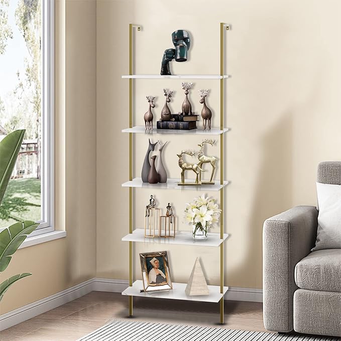 aboxoo Ladder Shelf White Marble Bookshelf 5-Tier Wall-Mounted Wood Rack Industrial Modern Plant Flower Stand Utility Organizer Open Bookcase Metal Frame Furniture Office Kitchen Bedroom