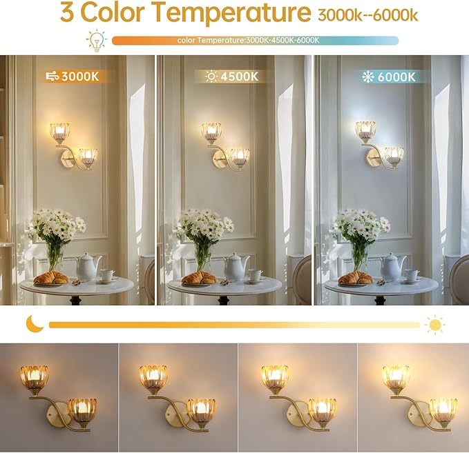 Battery Operated Wall Sconce, 2-Lights Vinatge Brass Wall Lighting with Amber Tluip Shade Rechargeable Bulb with Remote for Living Room, Bedroom