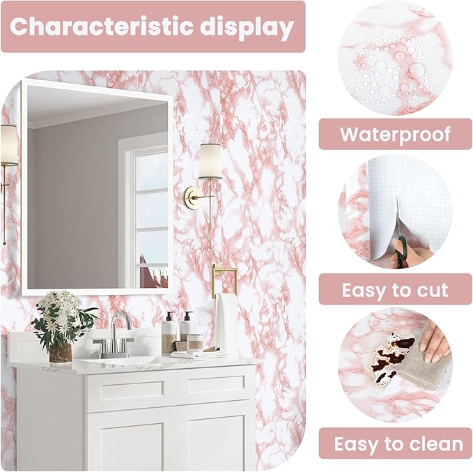 practicalWs White/Pink Marble Contact Paper Granite Peel and Stick Countertops Self-Adhesive Wallpaper Cabinets Drawer Shelf Wall Crafts Wall Paper Decorations 17.7 in x 393.7 in