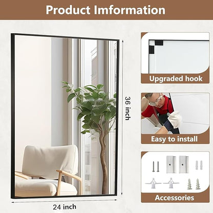 Black Bathroom Mirror, 24"x36" Rectangle Mirror, Matte Black Mirror, Metal Frame Square Corner Vanity Mirror, Wall Mounted Mirror for Modern, Living Room, Bedroom, Horizontal Or Vertical