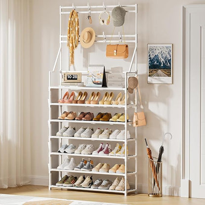OYREL Shoe Rack 7 Tier Sturdy Shoe Racks for Closet Shoes Organizer for 28-35 Pairs Large Capacity Shoe Storage Rack with Multifunctional 5 Hooks and Side Pocket for Entrance Entryway