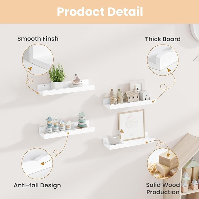 Fun Memories Picture Ledge Shelf for Wall, 16 inch Pine Wood Nursery Book Shelves Set of 4- Wall Book Shelves for Kids Room, Home Decor - Kitchen Spice-White