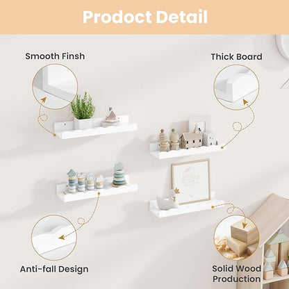 Fun Memories Picture Ledge Shelf for Wall, 16 inch Pine Wood Nursery Book Shelves Set of 4- Wall Book Shelves for Kids Room, Home Decor - Kitchen Spice-White
