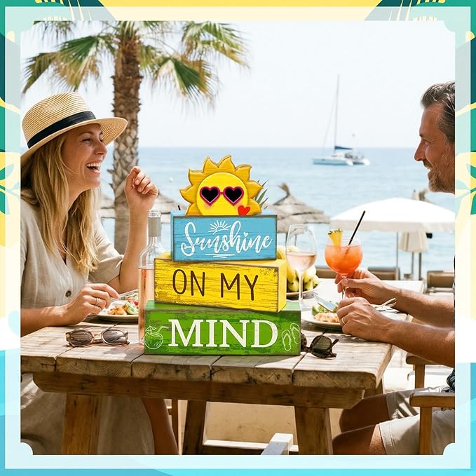 4 Pcs Summer Table Decor Wooden Sunshine Beach Tiered Tray Decor Rustic Farmhouse Sunshine Block Signs Gifts Summer Table Centerpieces for Home Kitchen Coffee Bar Shelf Office Decorations