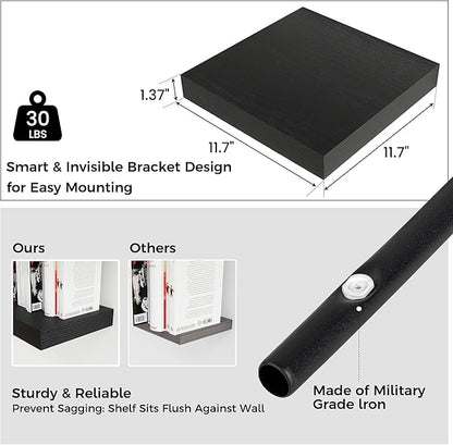 Square Floating Shelves for Wall 12"W x 12"D x 1.4"H, Small Engineered Wood Wall Shelves with Invisible Brackets for Living Room Bedroom Bathroom Office Kitchen Storage Decor, Black Finish, Set of 3