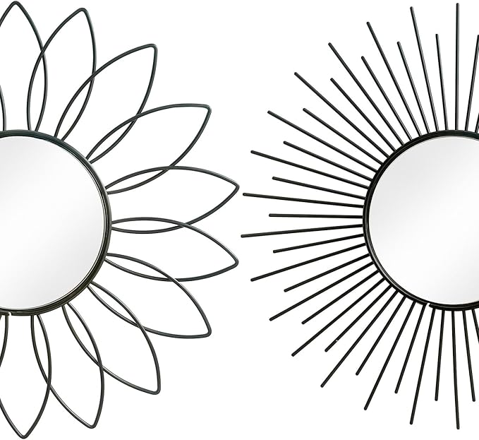 3 Pack Metal Mirrors for Wall Sunburst Wall Mirrors Home Décor Decorative Hanging Wall Art for Living Room Bedroom Entryway (Black2, Flower+Sunburst)
