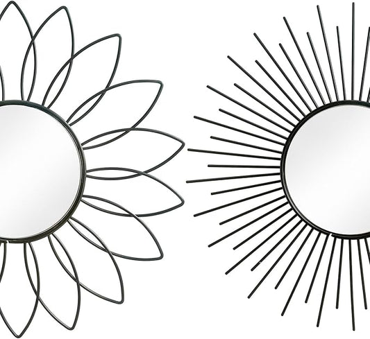 3 Pack Metal Mirrors for Wall Sunburst Wall Mirrors Home Décor Decorative Hanging Wall Art for Living Room Bedroom Entryway (Black2, Flower+Sunburst)