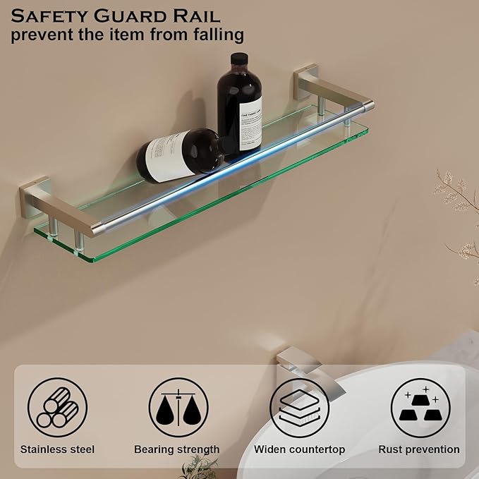 Glass Shelf for Bathroom Wall Sheves 24 inch Rectangular Stainless Steel Tempered Glass Modern Stainless Steel Wall Mount Accessories Organizers Storage (Brushed Nickel, 24‘’)