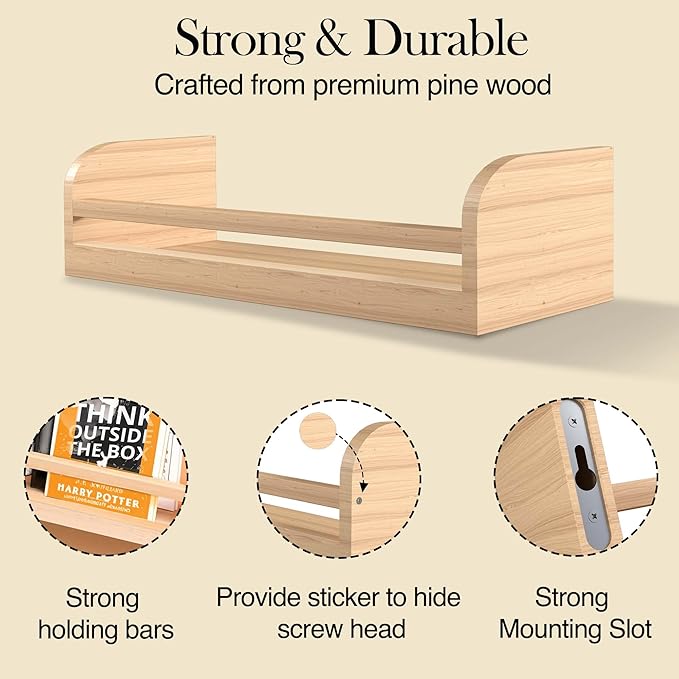Floating Nursery Book Shelves, 16.5 inch Wall Book Shelves Kids Room, Set of 2 Baby Shelves for Nursery Décor, Ideal Wooden Nursery Shelves for Kids Room, Bedroom Bathroom and Kitchen (Natural Wood)