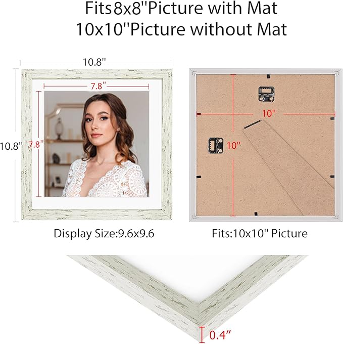 10x10 Picture Frame Set of 9, Display Pictures 8x8 with Mat or 10x10 without Mat, Multi Collage Gallery Square Photo Frames for Wall or Tabletop, Distressed White