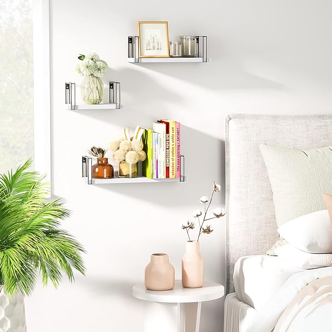SRIWATANA White Floating Shelves Wall Mount Set of 3, Hanging Wall Shelves, 17 Inch Rustic Wood Shelves for Decor, Bedroom, Bathroom, Laundry Room, Living Room, Kitchen, Office - White