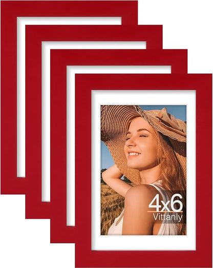 Vittanly 4x6 Picture Frame Set of 4, Display Pictures 3.5x5 with Mat or 4x6 without Mat, Small Photo Frames for Wall or Tabletop Display, Engineered Wood with Shatter Resistant Plexiglass, Red