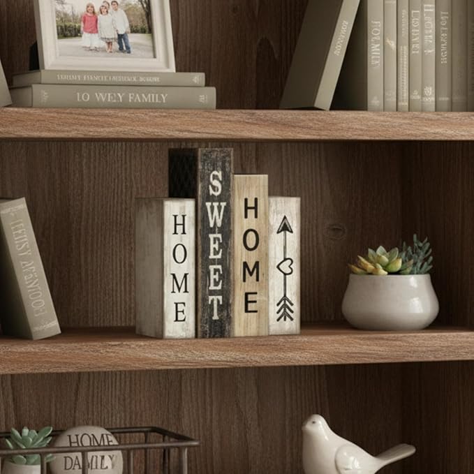 4 Pcs Farmhouse Table Decor Wooden Books Home Sweet Home Tiered Tray Decor Rustic Wood Block Sign Housewarming Gifts Neutral Centerpiece Farmhouse Stacked Decoration for Shelf Mantle