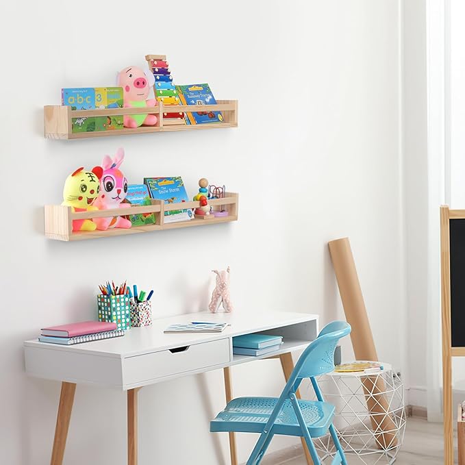 Nursery Shelves for Wall 32inches Set of 2，Natural Wood Wall Bookshelves for Kids Room - Floating Nursery Bookshelves (32inches Set of 2)