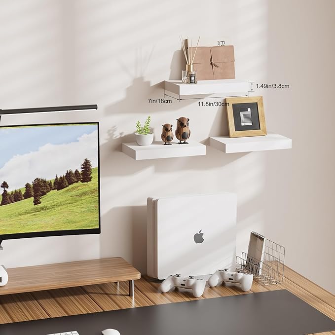 Floating Shelves for Wall, Bathroom Shelves Over Toilet, Wall Shelves & Book Shelf for Room, Hanging Shelf, Modern Wooden Wall-Mounted Small Floating Shelves, 12x7x1.5 in (White, Set of 3)