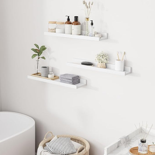 Floating Shelves for Wall, 24 inch Solid Wood Picture Ledge Shelf for Wall Storage, Nursery Book Shelves with Lip for Living Room Bathroom Bedroom Kitchen, Set of 3, Washed White