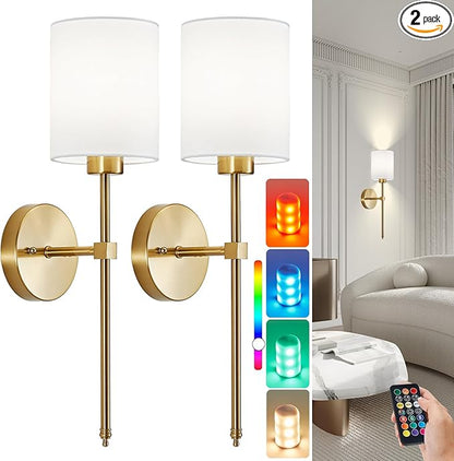 Battery Operated Wall Sconce Set of 2, Brushed Gold Rechargeable Wall Lights with Remote Control and Dimmable LED Bulbs, 13 Light Colors Wireless Wall Lamps for Bedroom Living Room Hallway (Gold)