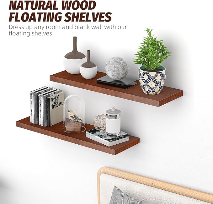 Floating Shelves (Set of 2) – Wall Mounted Shelves for Home Décor and Storage, Natural Pine Wood, Suitable for Living Room and Bedroom (Brown, 23.6" x 5.7" x 1.0")