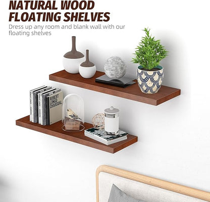 Floating Shelves (Set of 2) – Wall Mounted Shelves for Home Décor and Storage, Natural Pine Wood, Suitable for Living Room and Bedroom (Brown, 23.6" x 5.7" x 1.0")