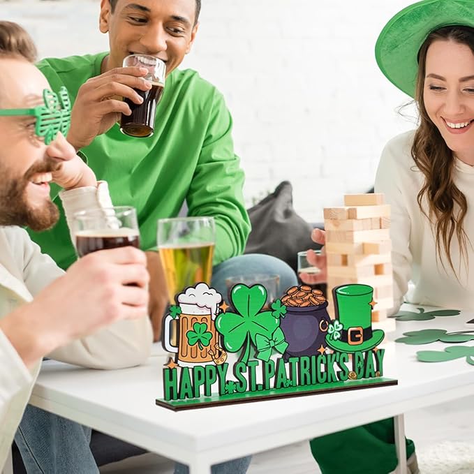 St Patricks Day Decor for Table Happy St Patrick's Day Coffees Bar Decoration Wooden Centerpieces Rustic Farmhouse Sign for Tabletop Home Shelf St Patricks Day Party Decoration Pink