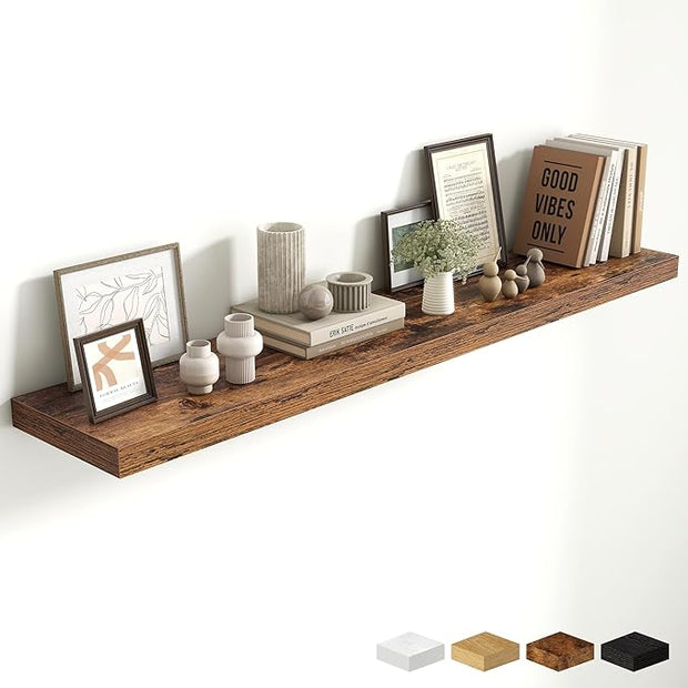 Fun Memories 55 Inch Fireplace Mantel Shelf, 10 Inch Deep Shelves for Display & Wall Storage, Rustic Wood Wall Shelf, Extra Long Floating Shelves for Living Room Laundry Room, Rustic Brown, Set of 1